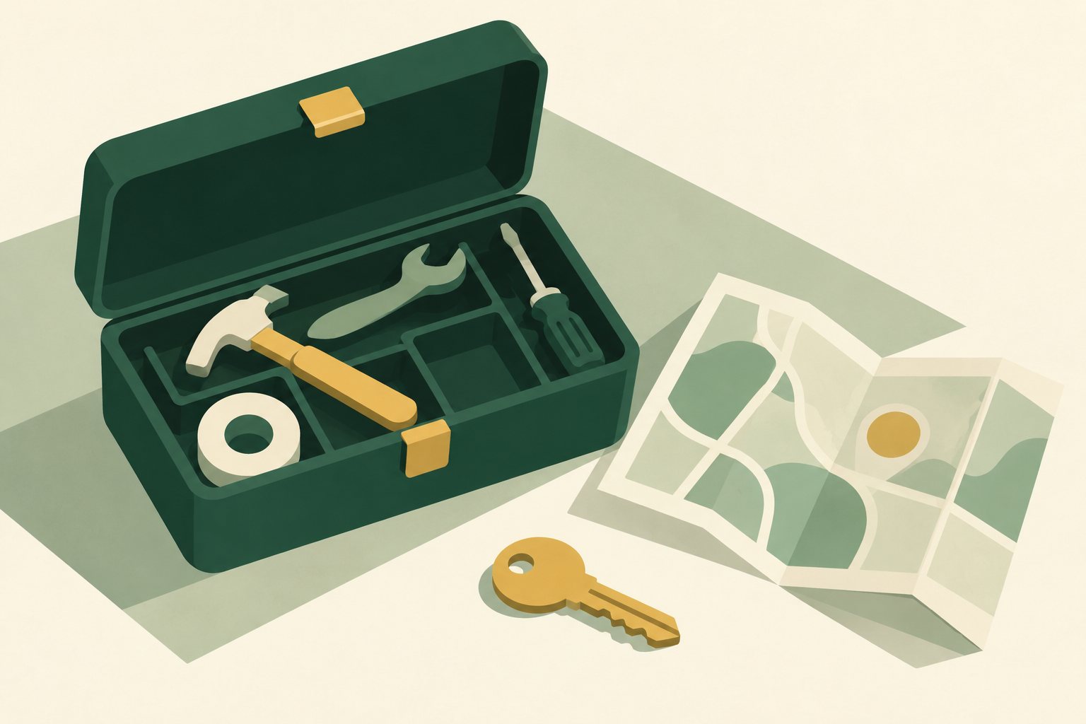 A simplified green repair toolbox sits beside a gold key and a folded cream map on a quiet cream surface.