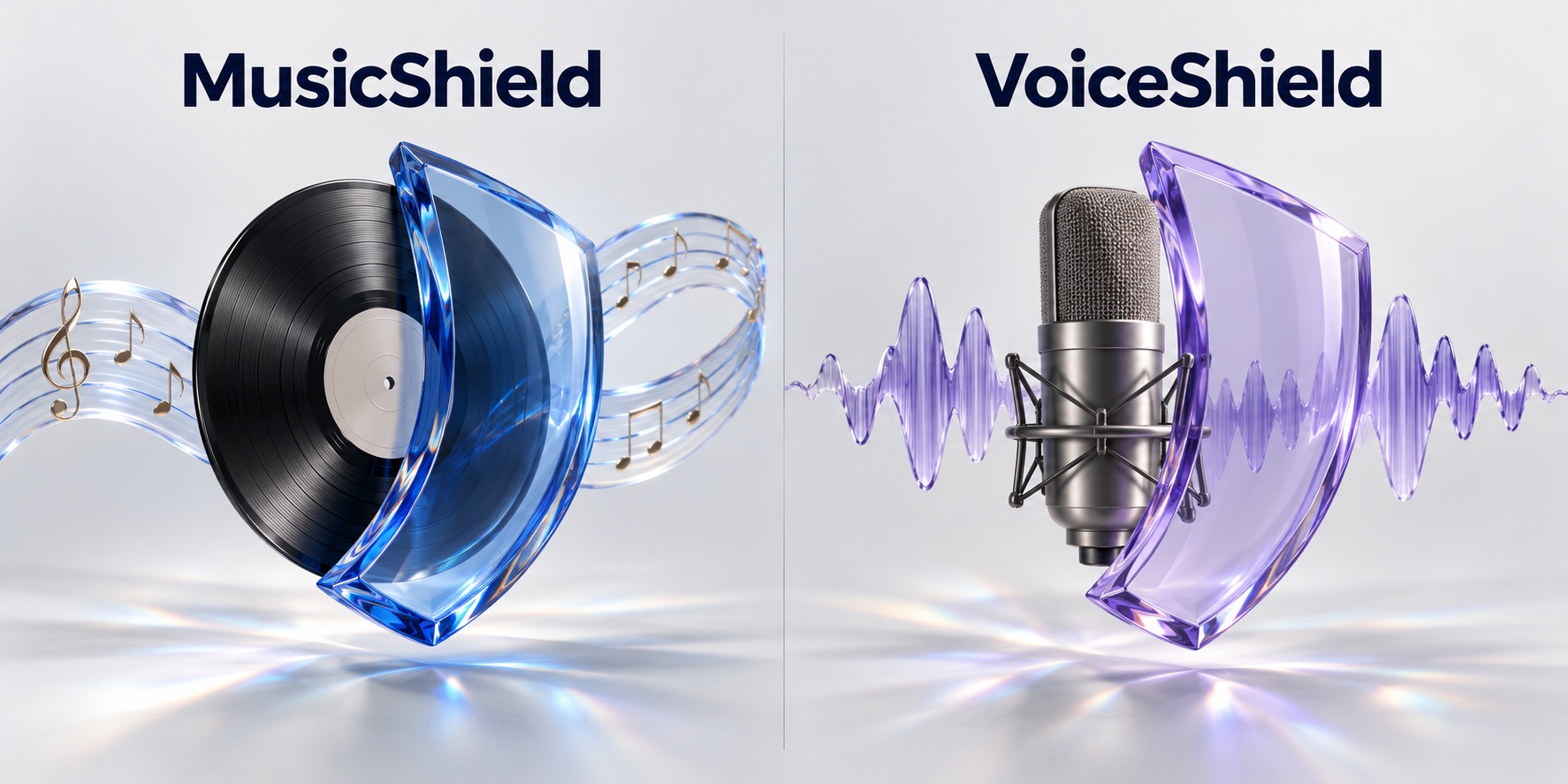 Conceptual artwork pairs a protected music recording with a protected voice recording, labeled MusicShield and VoiceShield.