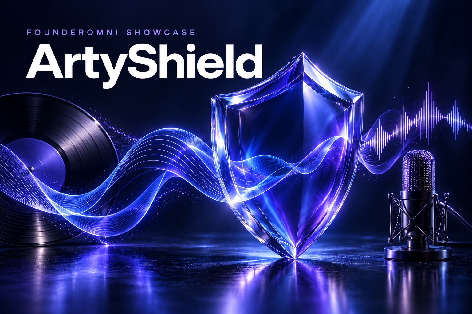 ArtyShield lettering above a luminous glass shield surrounded by flowing musical and voice waveforms.