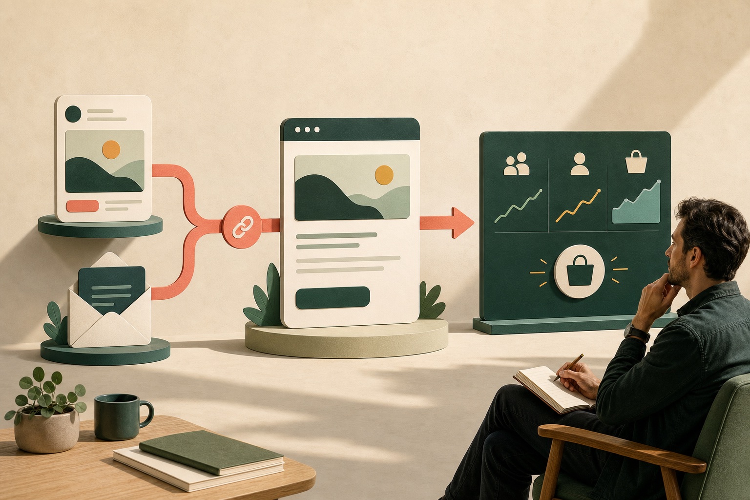A campaign moves from social and email through one tracked link to a landing page, analytics, and a meaningful conversion.