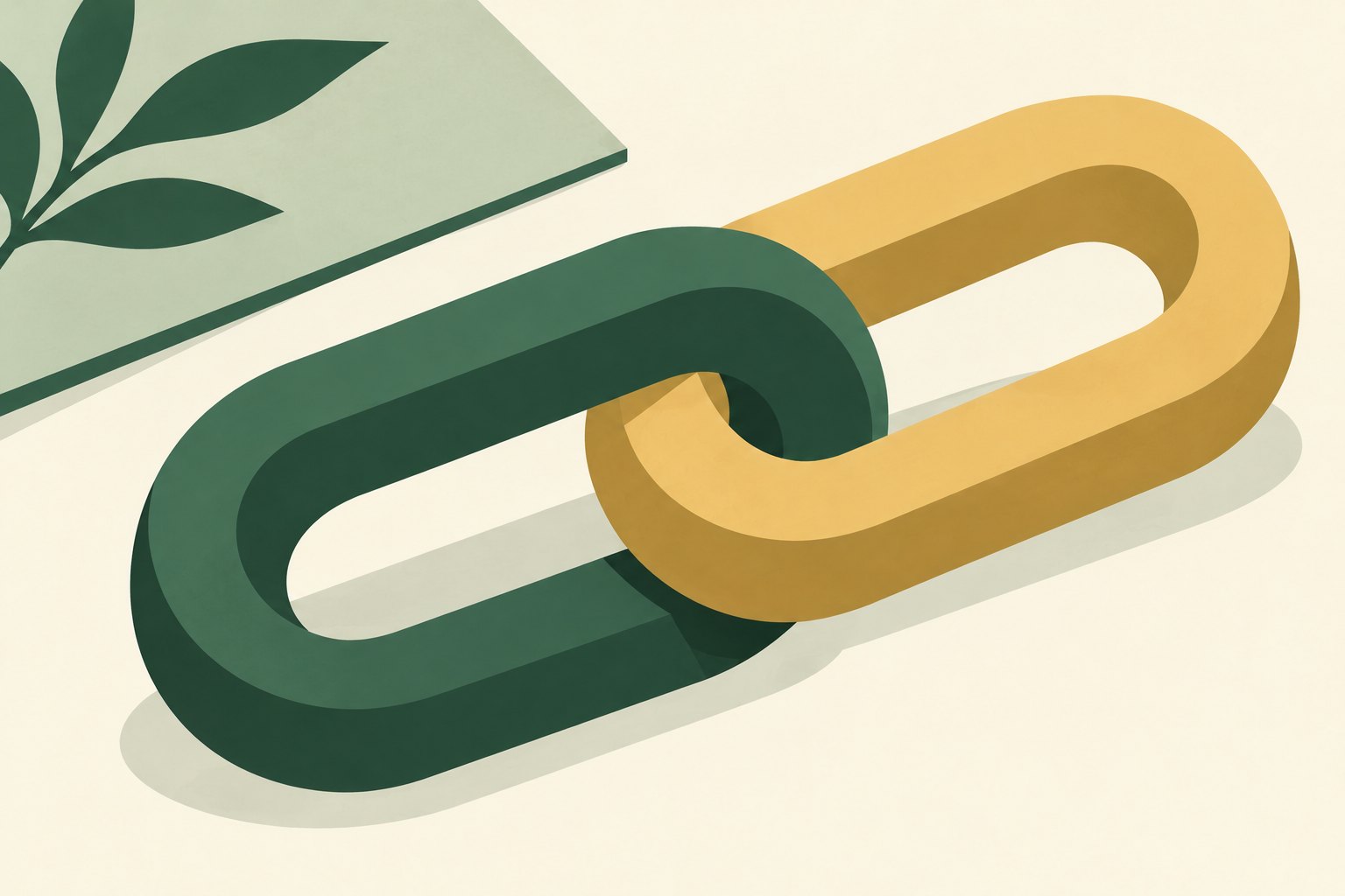 Two simplified green and gold chain links connect on a quiet cream surface beside a sage sheet.