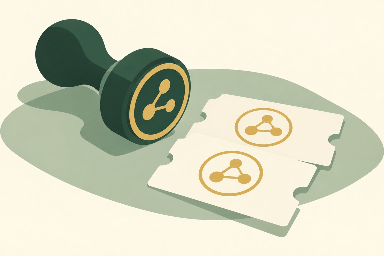 A simplified deep-green hand stamp rests beside two cream tickets with matching gold impressions.