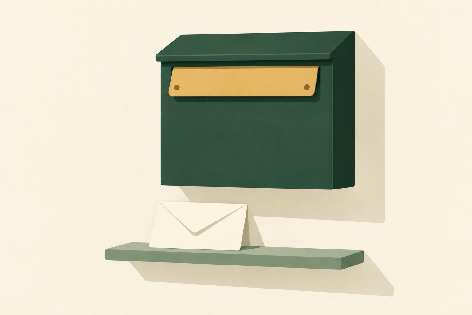 A simplified green wall-mounted letterbox with a gold flap sits above a cream envelope on a sage ledge.