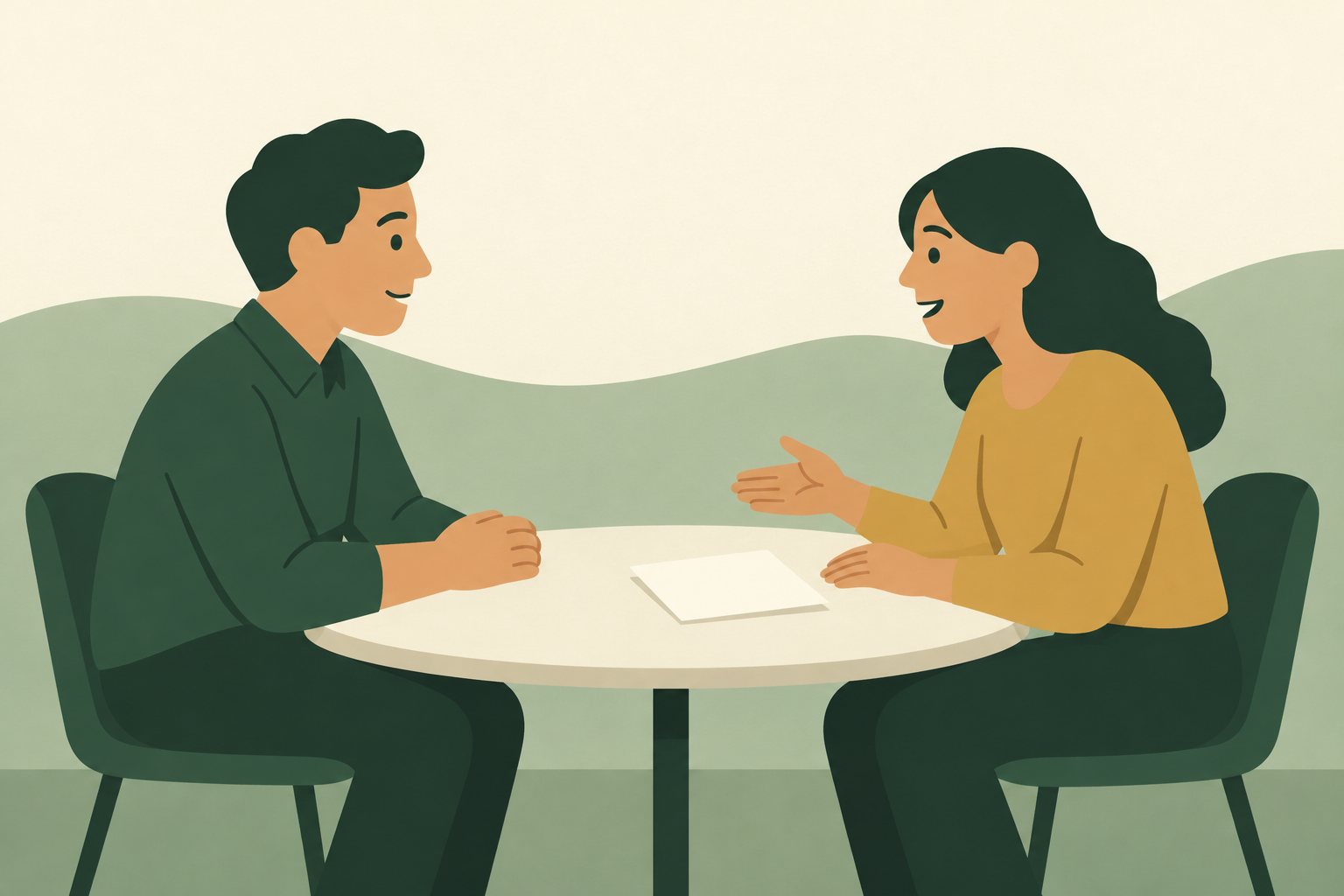 Two simplified people in green and gold sit across a cream table, listening and discussing a blank note.