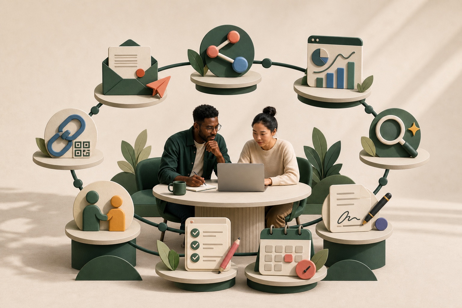 Two founders working inside one connected FounderOmni system with nine tools for social, email, analytics, search, signatures, scheduling, forms, affiliates, and measurable links.