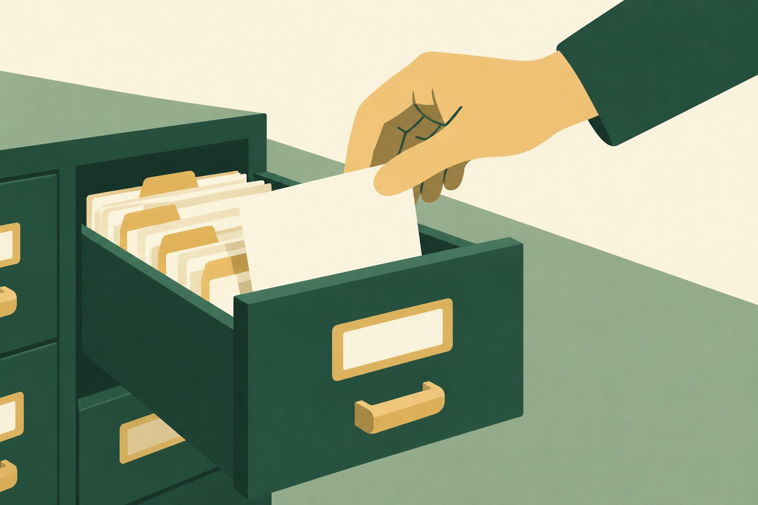 A simplified hand places a blank cream index card into an open deep-green catalogue drawer.