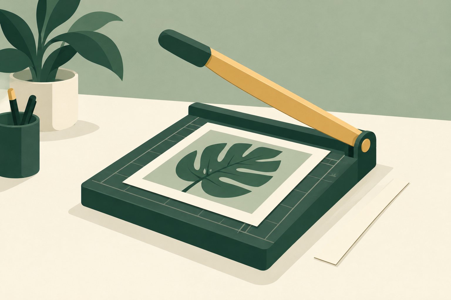 A simplified green paper trimmer with a gold arm holds a cream photograph of a green leaf on a quiet studio table.
