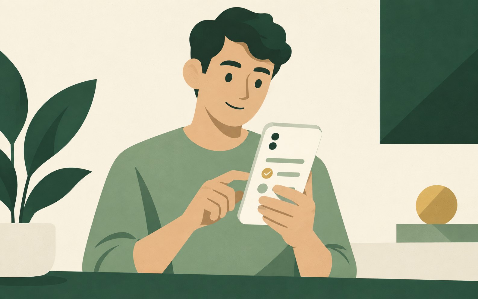 A founder in a sage shirt holds a cream phone and checks a simple abstract form.