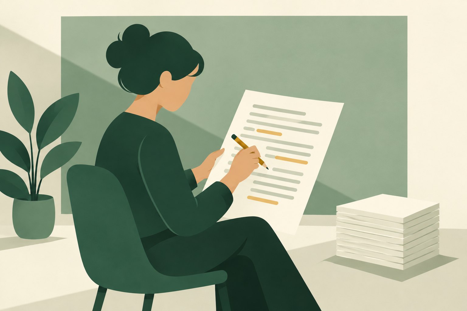 A seated editor refines a cream paper sheet with a gold pencil beside a small stack of pages.