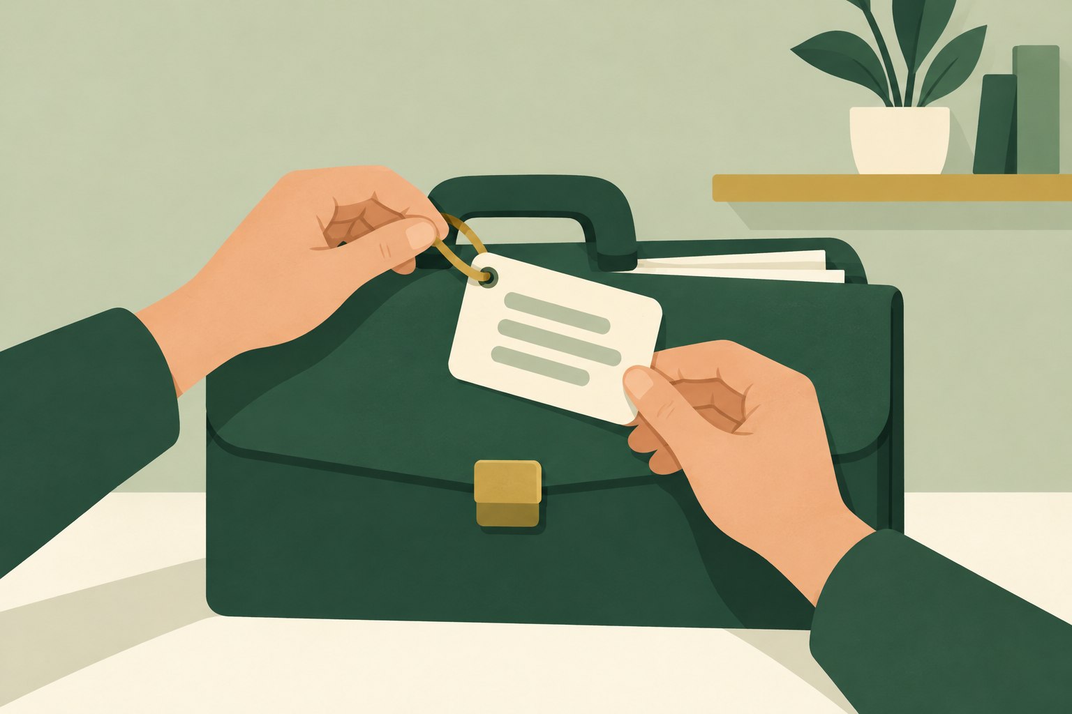 Simplified hands fasten a cream label to a green document case, suggesting that a label should describe the contents.