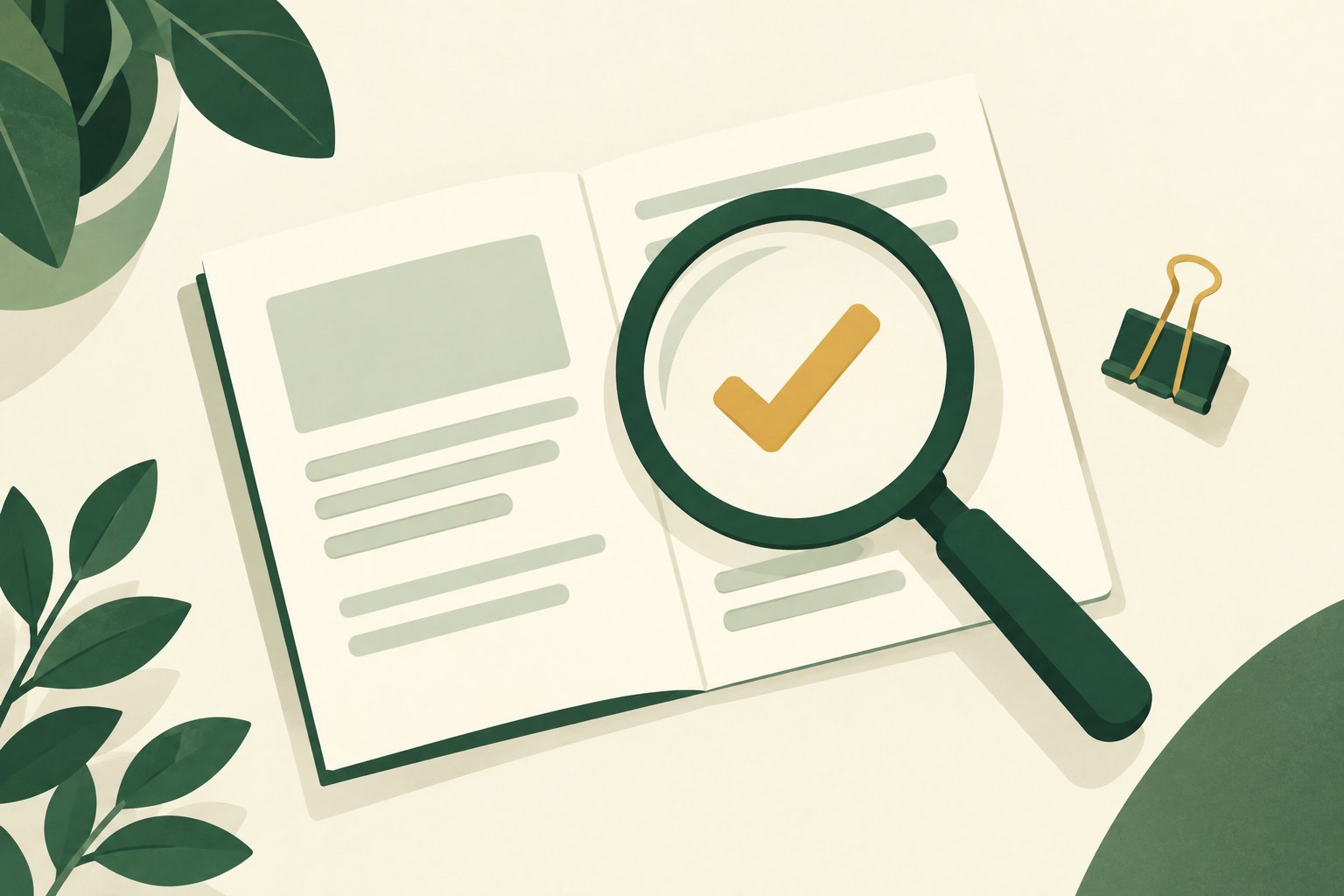 An overhead flat illustration of a green magnifying glass with a gold checkmark over an open cream booklet.