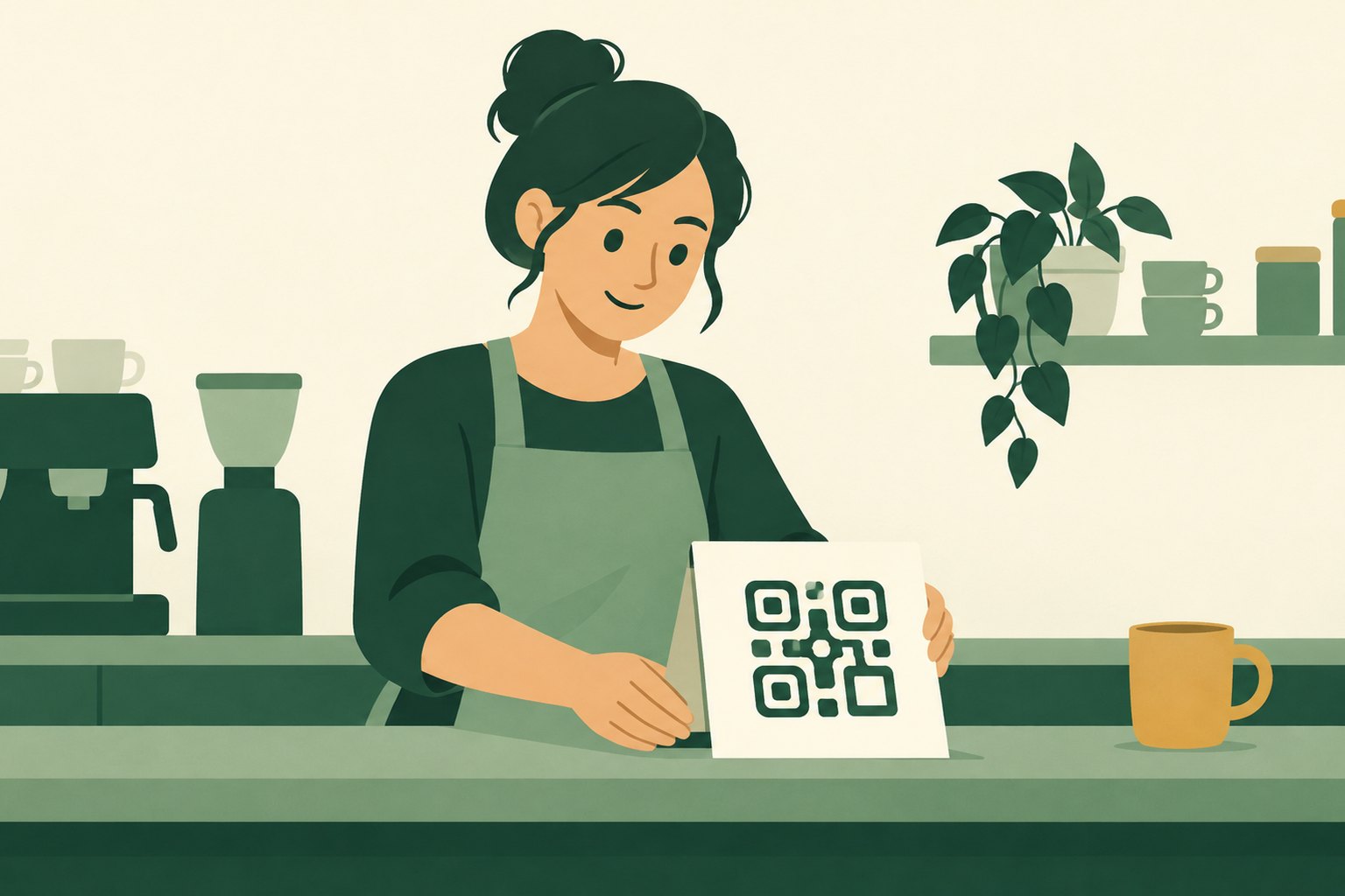 A simplified shop owner places a cream QR-pattern sign on a green counter beside a gold mug.