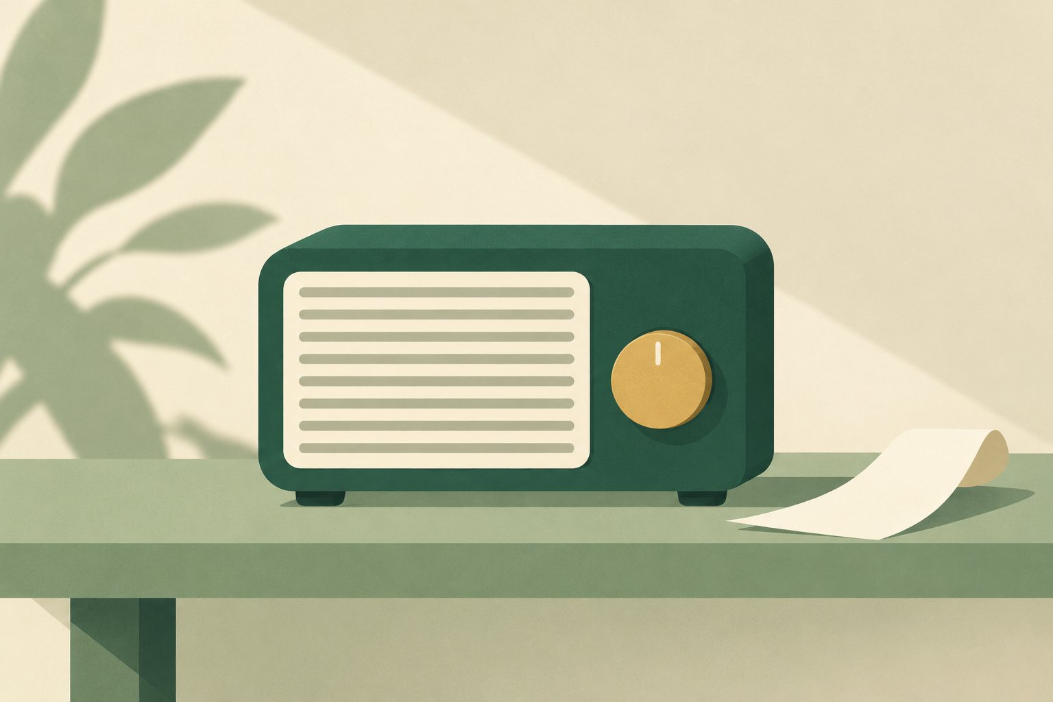 A simplified green tabletop radio with a gold tuning knob and cream grille rests on a sage shelf.