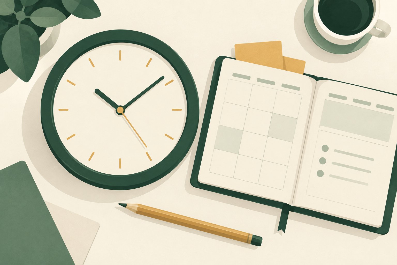 Overhead illustration of a deep-green clock, an open cream planner and a golden pencil.