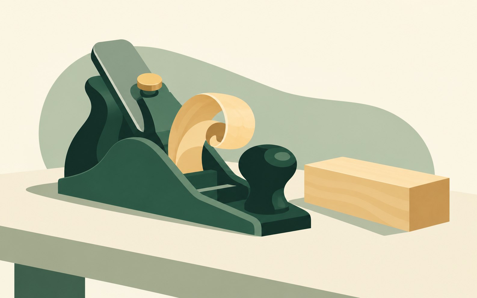 A flat illustration of a green hand plane producing a single gold shaving beside a smooth wooden block.