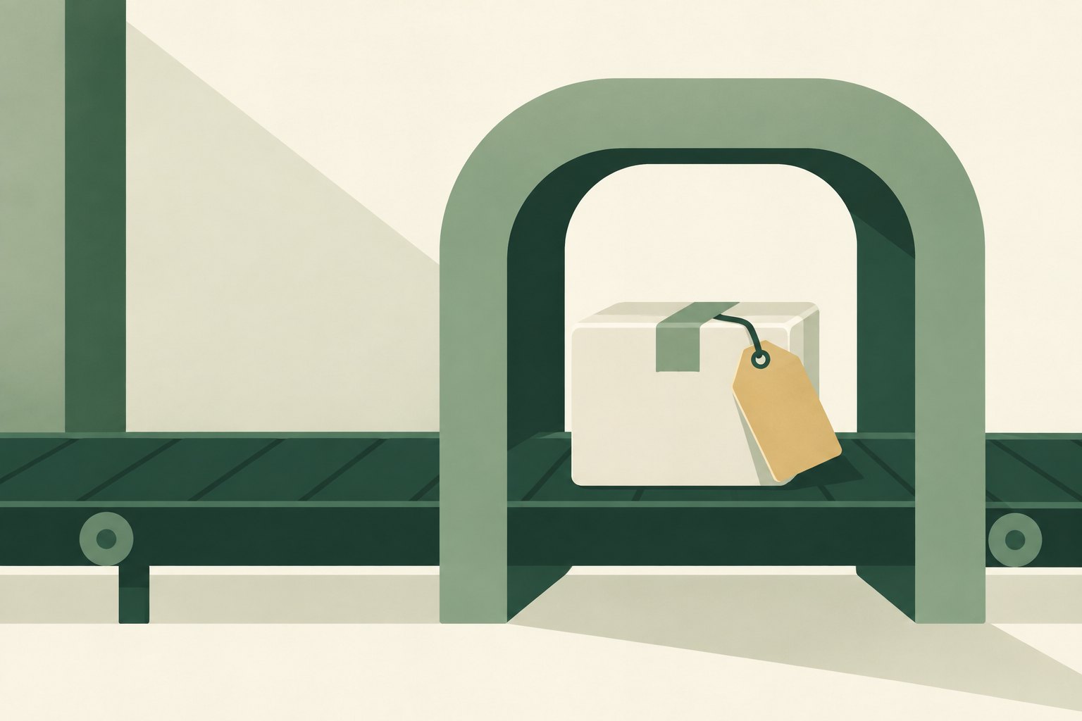 A cream parcel carries its gold tag through a green archway on a conveyor.