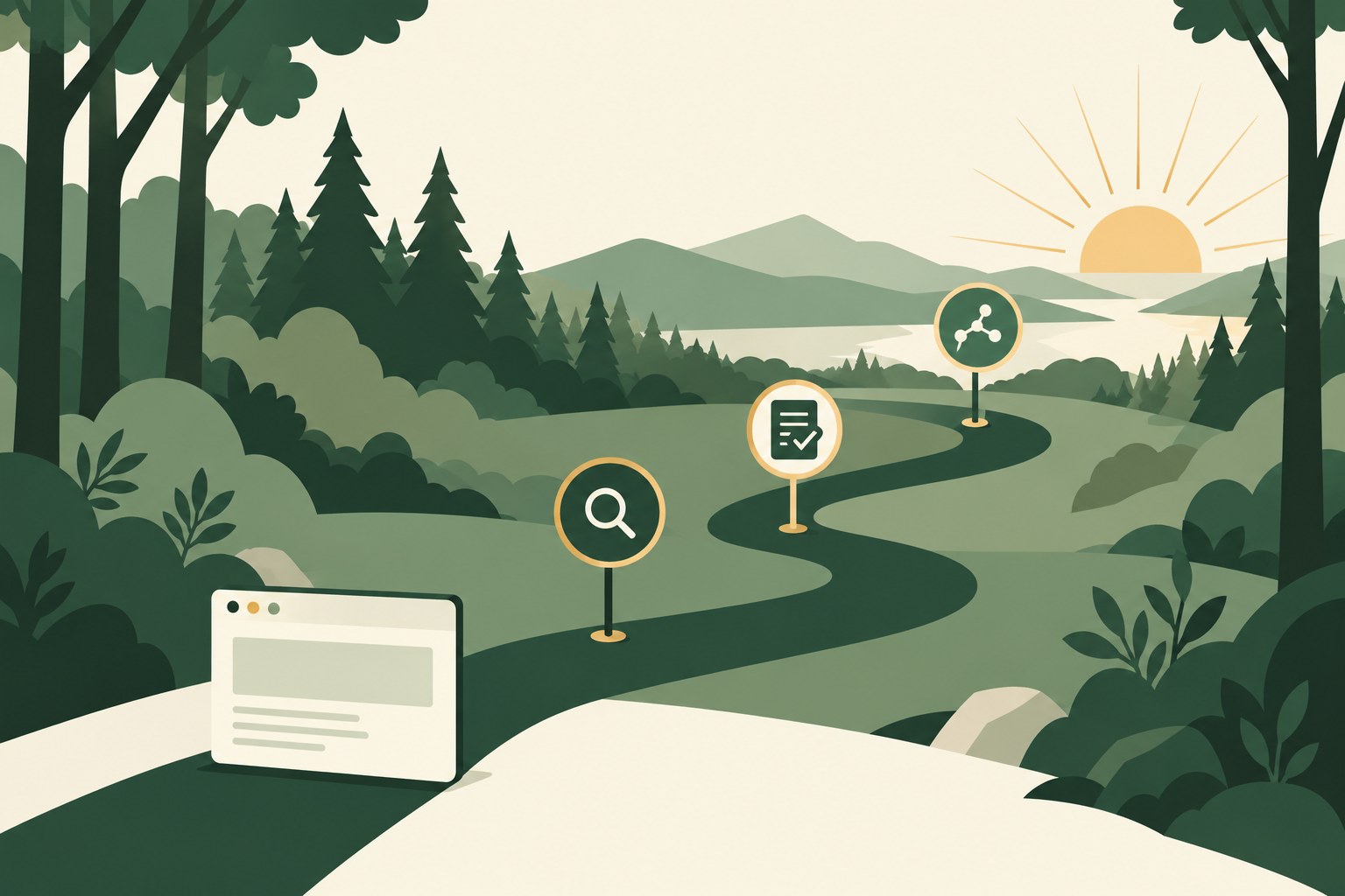 A website at the start of a forest path with search, content, and discovery markers
