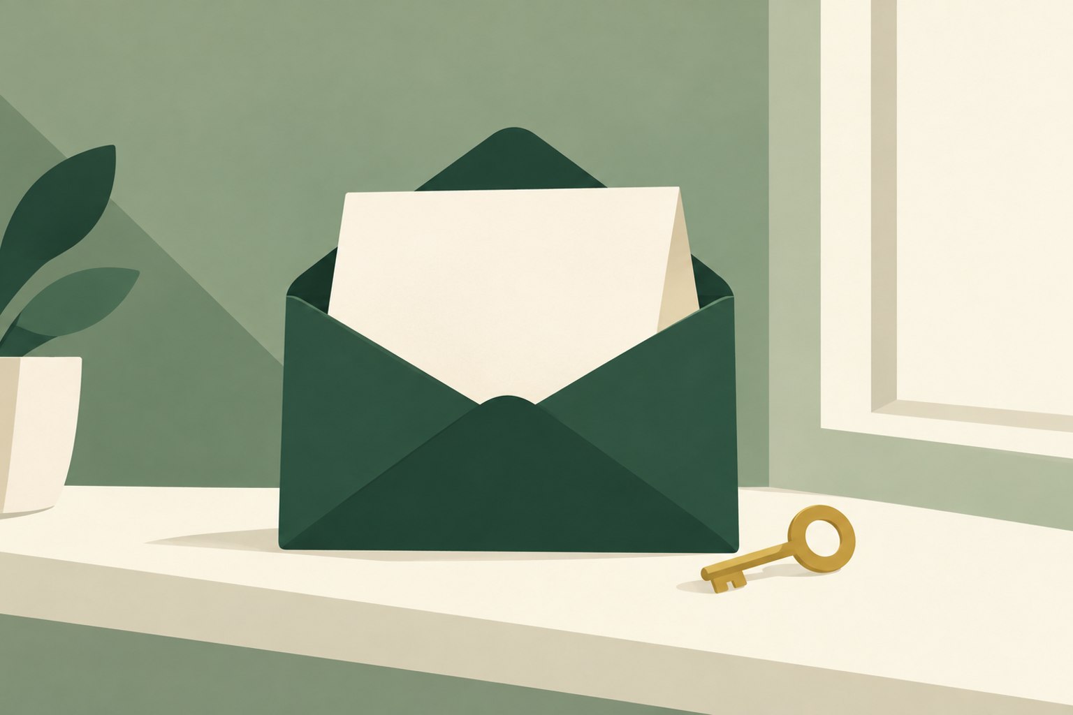 A dark green open envelope holds a cream note on a windowsill, with a small gold key beside it.
