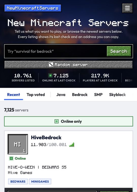 NewMinecraftServers — capture of its public source page, checked 2026-10-12